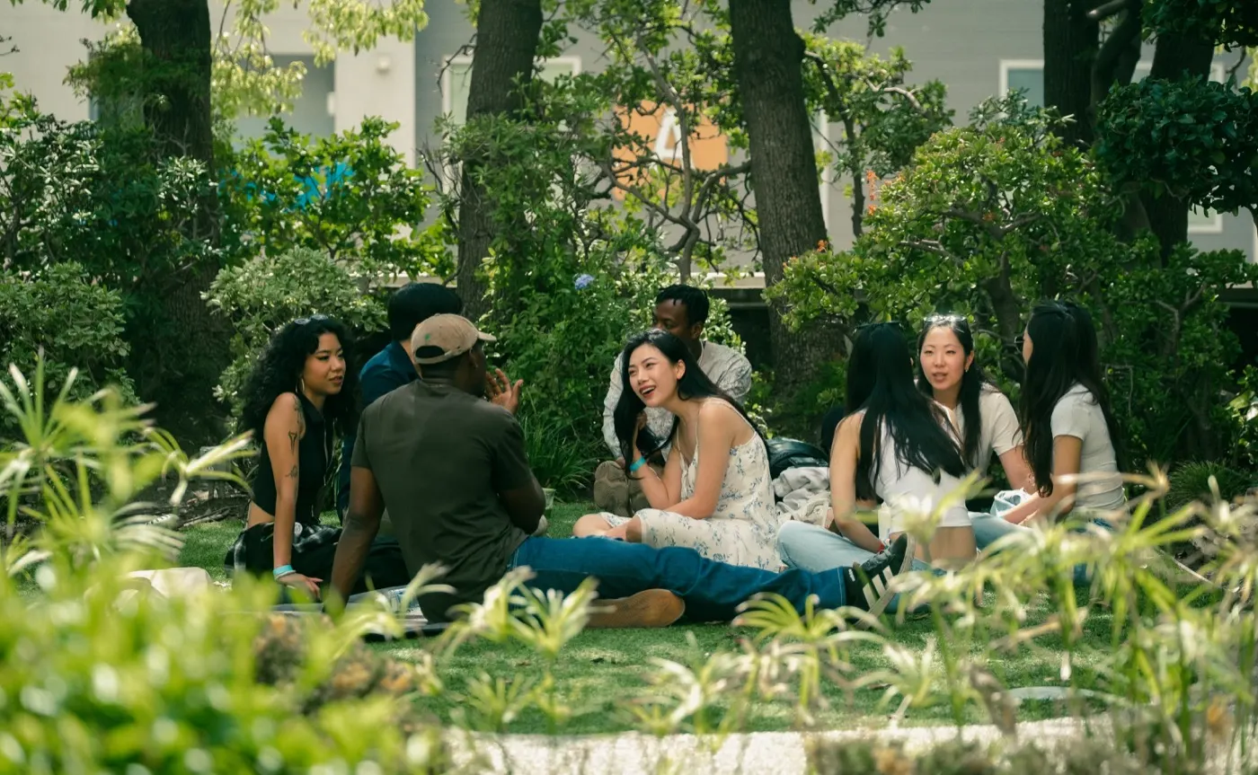 Group of friends seated on the lawn under trees during the daytime party